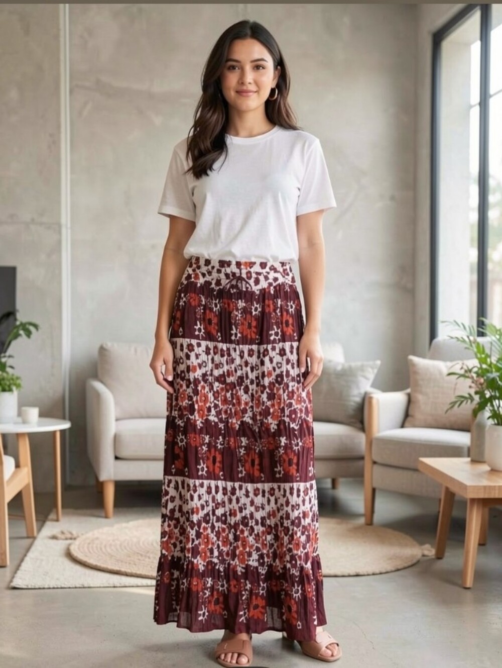 Vintage Boho Crinkle Maroon, White & Orange Floral Maxi Skirt